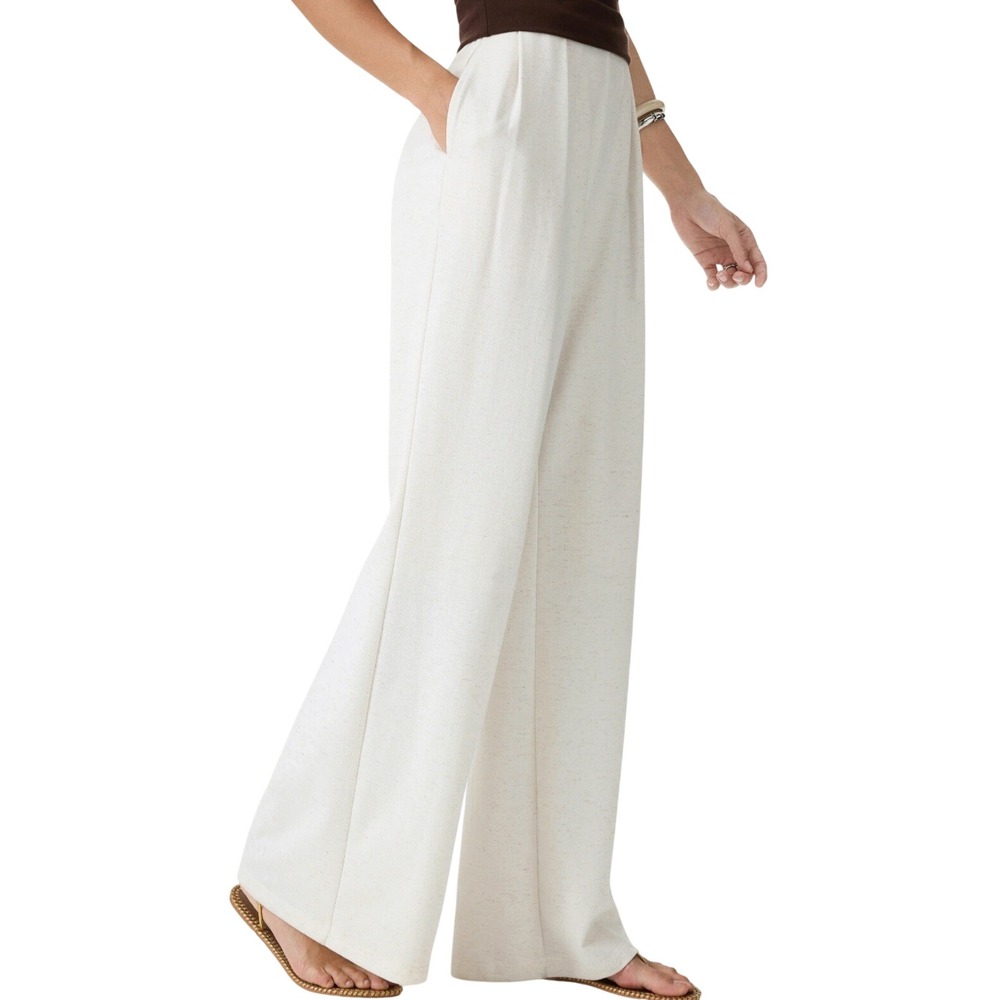 NWT OGL Airy Stretch Linen Wide Flare Pants M/P White Pleated High Waist Pockets - Picture 2 of 11